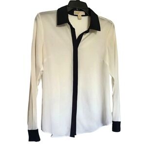 Michael Kors Women's Ivory Black Trim Long Sleeve Career Chiffon Blouse‎ Medium